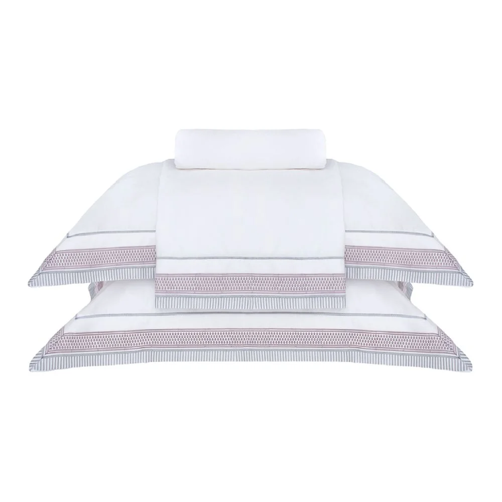 Jogo de Cama Queen Cetim 600 Fios Buddemeyer Luxus Lumineers 100% Algodão Penteado c/ bordado Cinza 4 peças