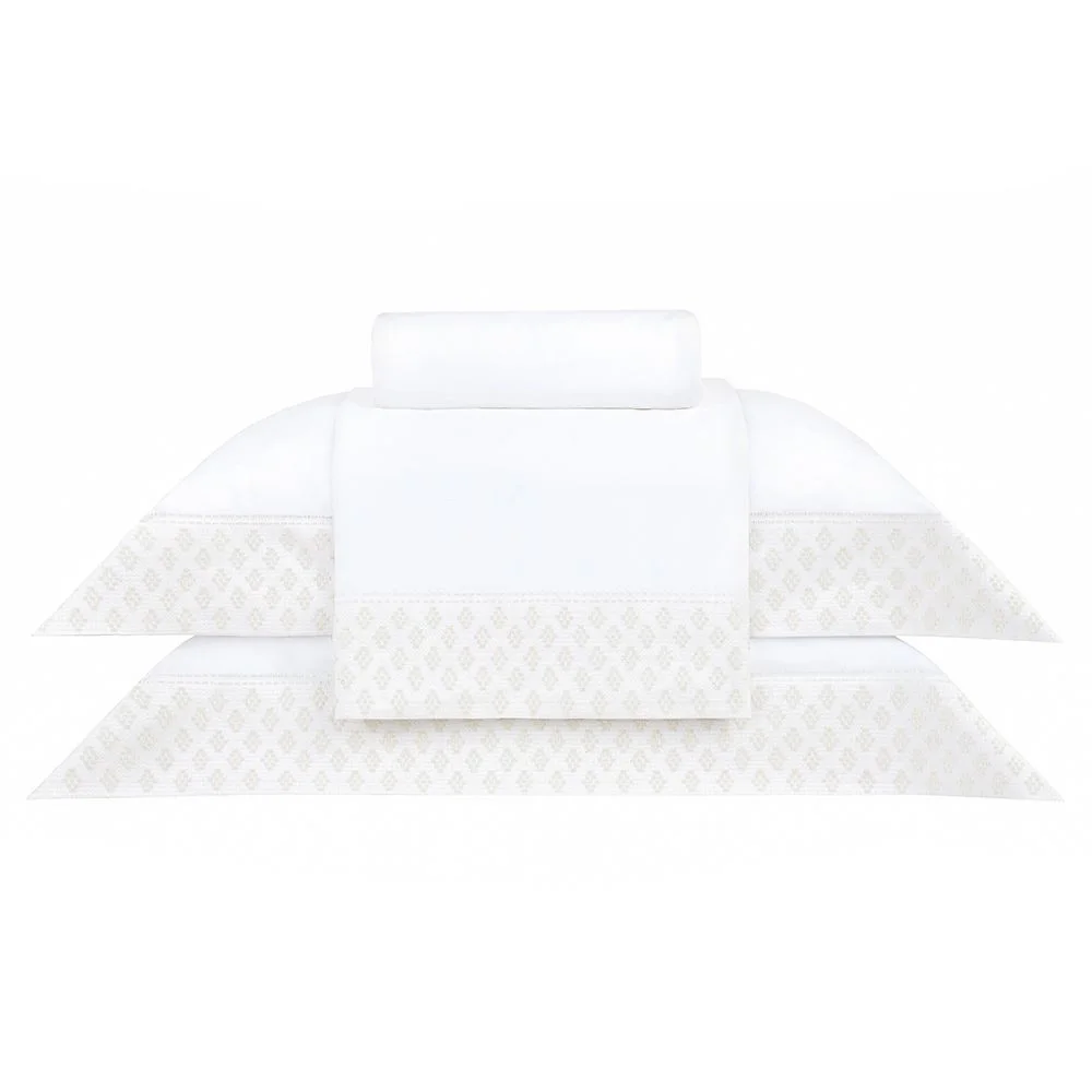 Jogo de Cama S. King Buddemeyer Luxus Prisma, 400 fios 100% Algodão, fio Penteado Branco c/ bordado dourado, 4 peças.