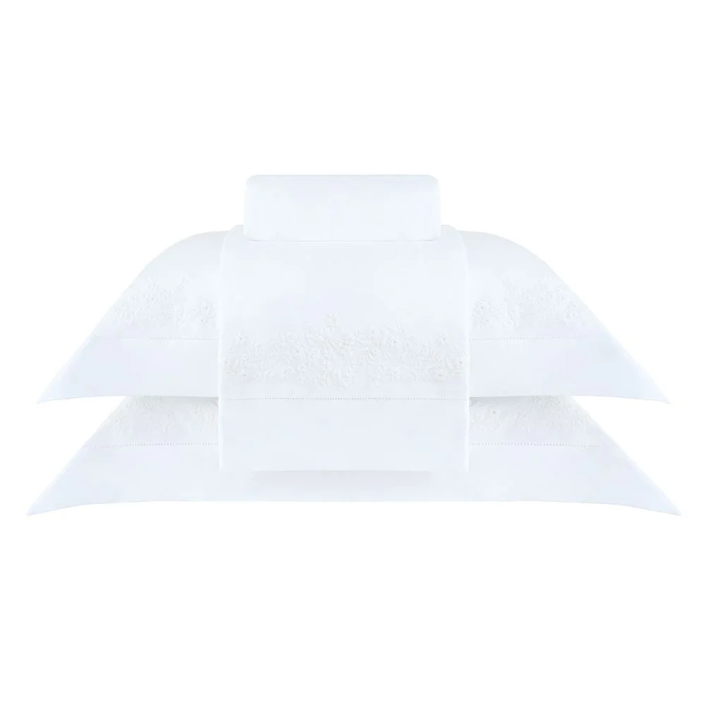 Jogo de Cama Super King 400 Fios Buddemeyer Luxus Ornella 100% Algodão Penteado c/ renda Branca 4 peças